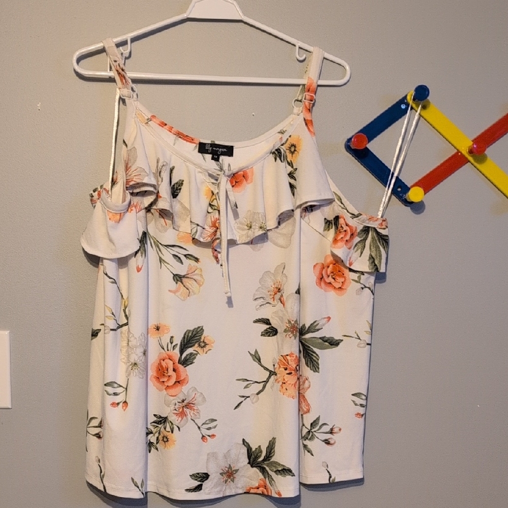 Lush Floral Cold-Shoulder Blouse - Cream with Peach Roses